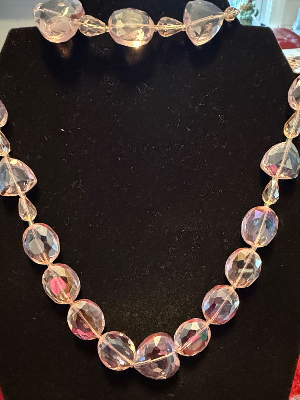 Pink Faceted Glass Vintage Necklace 19” And Bracelet 7” In Like New Condition